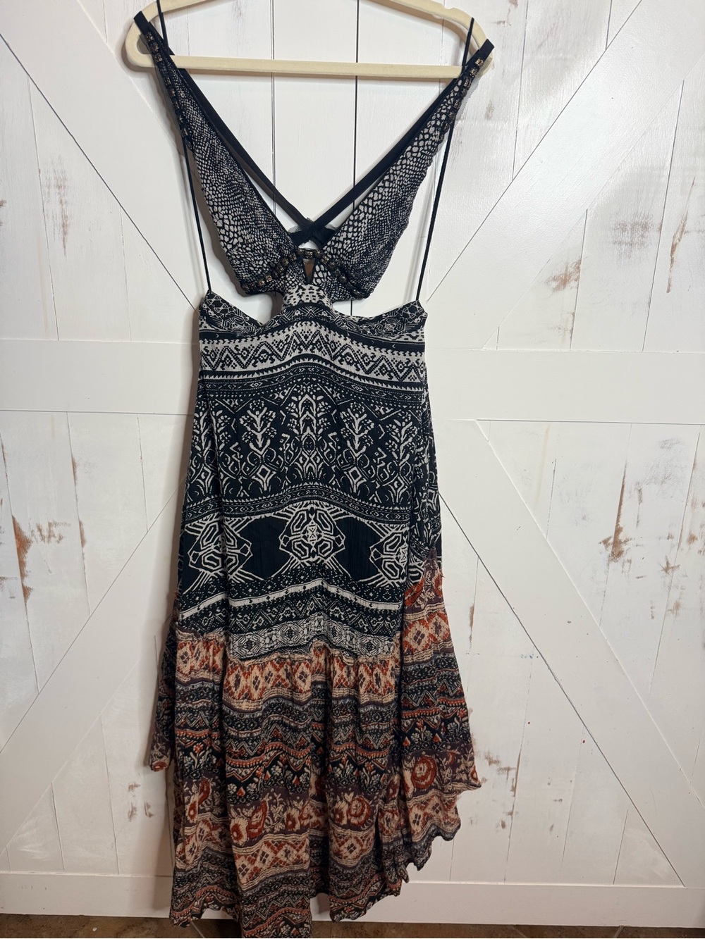 Free People Black and Rust Tribal-Print Backless Maxi Dress